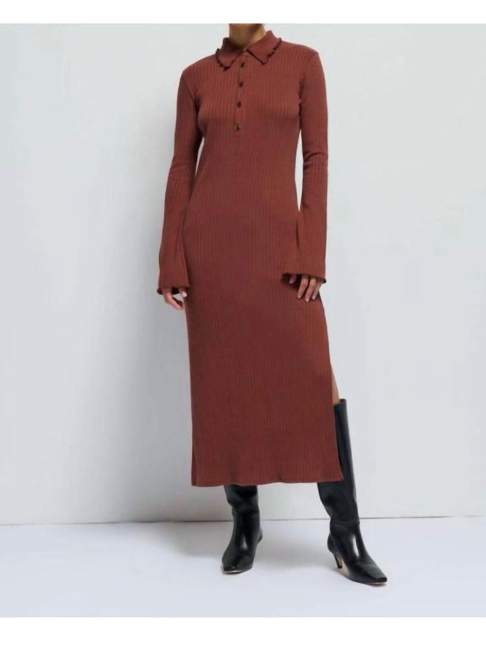 Nation LTD Rennie Long-Sleeve Knit Ribbed Dress in Cinnamon Brown Madi/Maxi Sz M